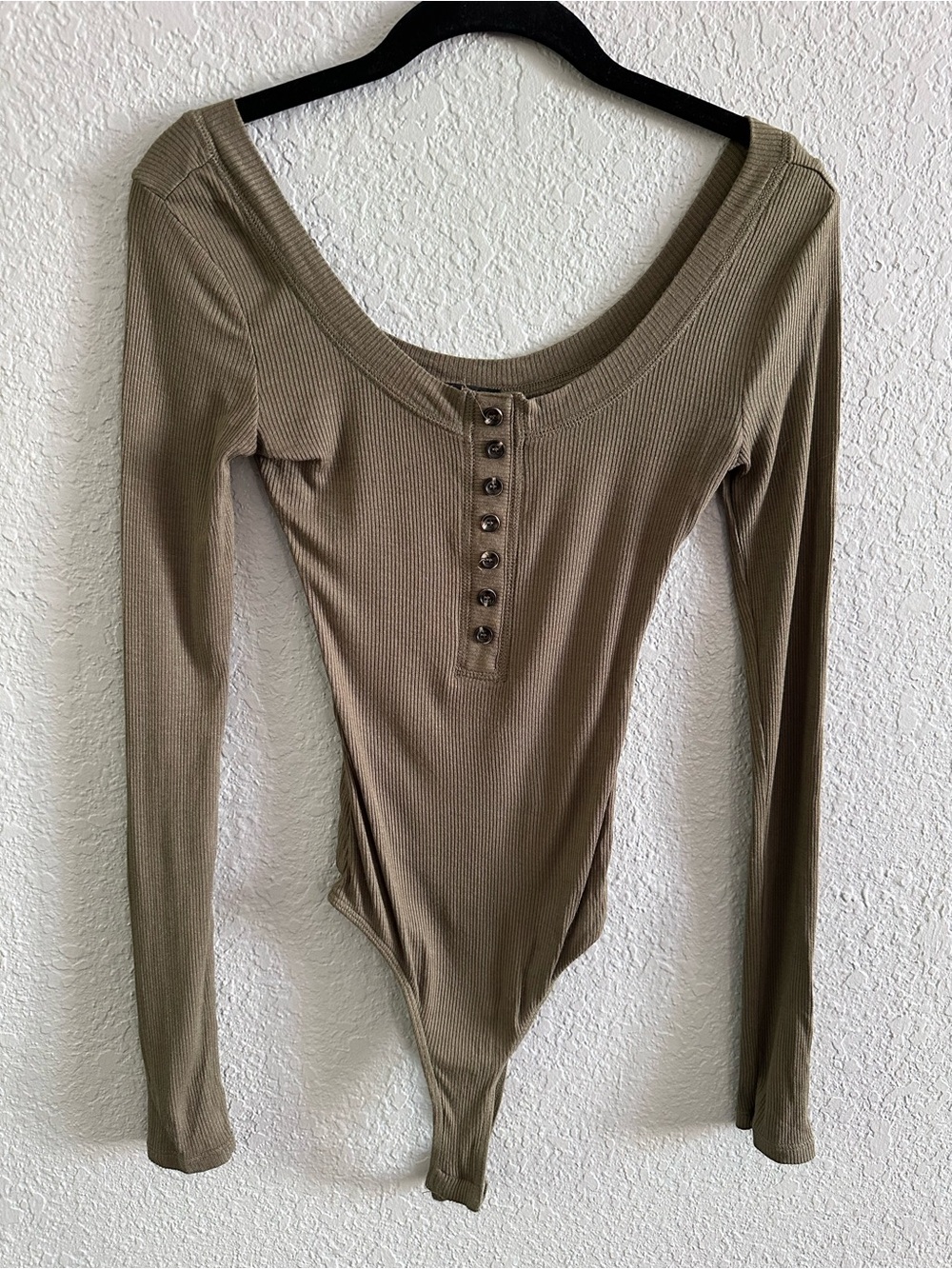 Lulus Simply the Best Olive Ribbed Henley Bodysuit XS Square Neck Stretch - Picture 2 of 11